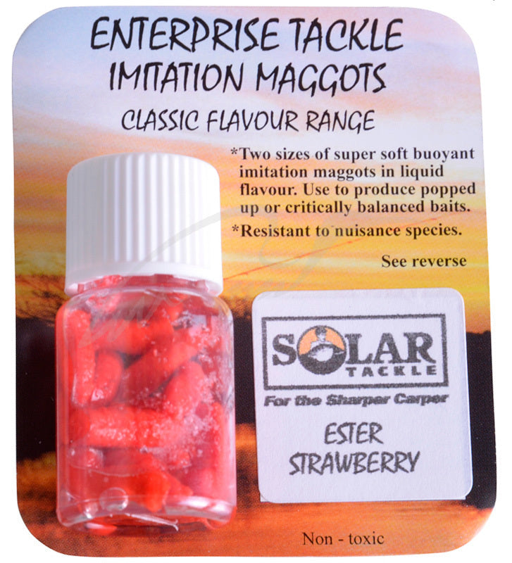 ENTERPRISE TACKLE pop up imitación , MAGGOTS , CON LIQUIDO DE SOLAR :  ESTER STRAWBERRY - Carpfishingbarato CHIMBOMBO GUSANO ARTIFICIAL