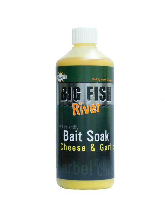 DYNAMITE BIG FISH RIVER BAIT SOAK CHESSE Y GARLIC 500ML - Carpfishingbarato CHIMBOMBO LIQUIDO