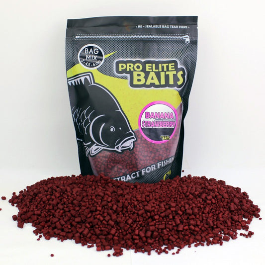 POISSON FENAG BAG MIX PELLETS BANANA STRAWBERRY 3/4.5/6MM 800GR - Carpfishingbarato CHIMBOMBO 